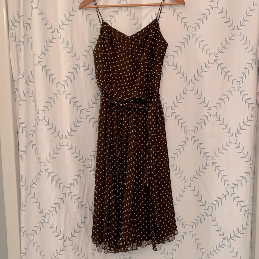 Classy brown with white polka dot late summer/ fall cocktail dress.
